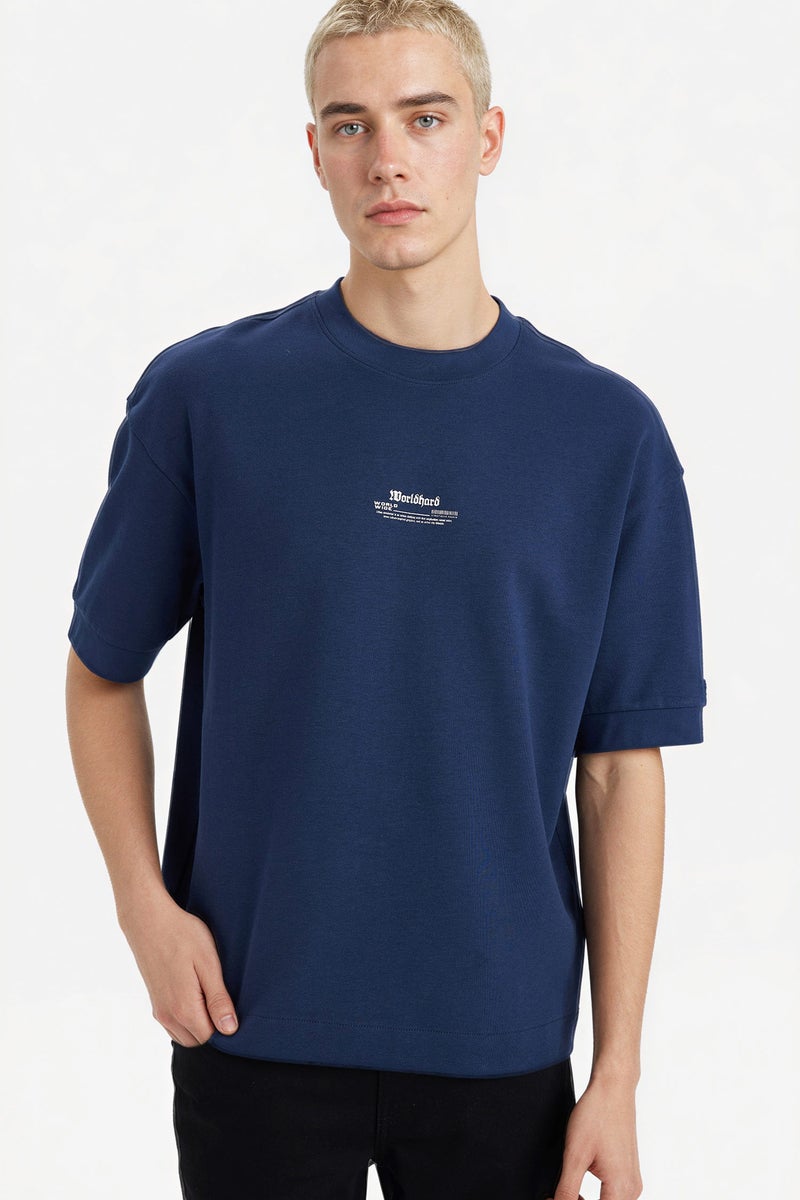 DeFacto Blue Man Breathable Loose Fit Printed T-Shirt Casual - Image 3